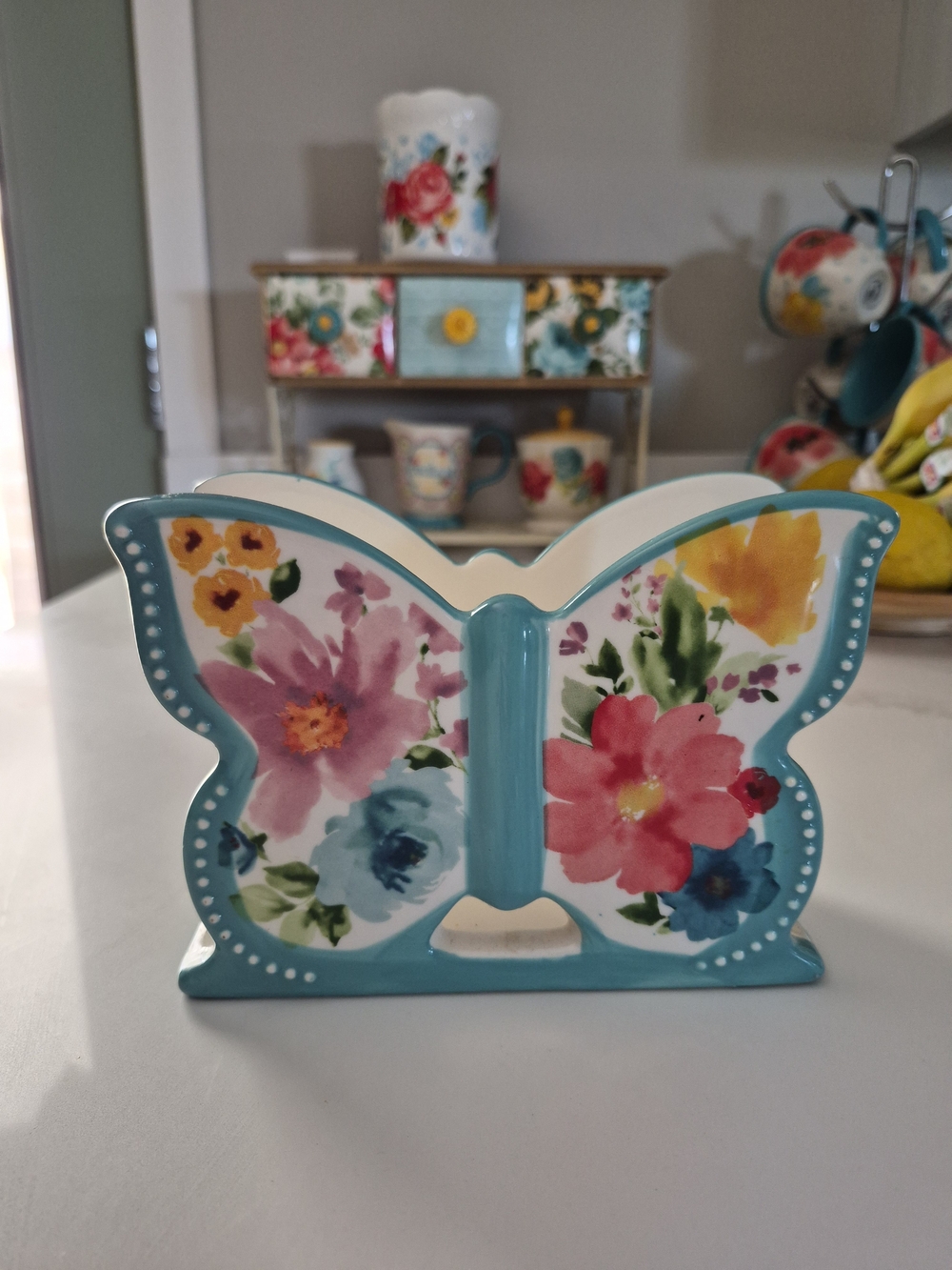 Rare Pioneer Woman Turquoise Floral Butterfly Ceramic Napkin Holder OS